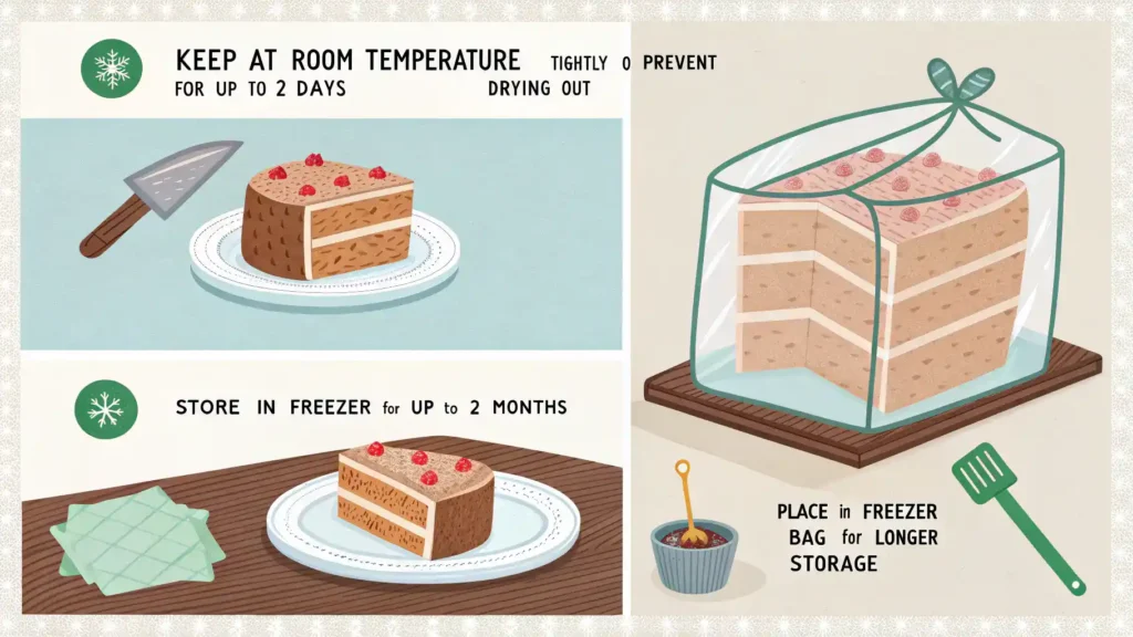 Instructions for storing and freezing Minecraft cake, showing wrapped slices and airtight containers.