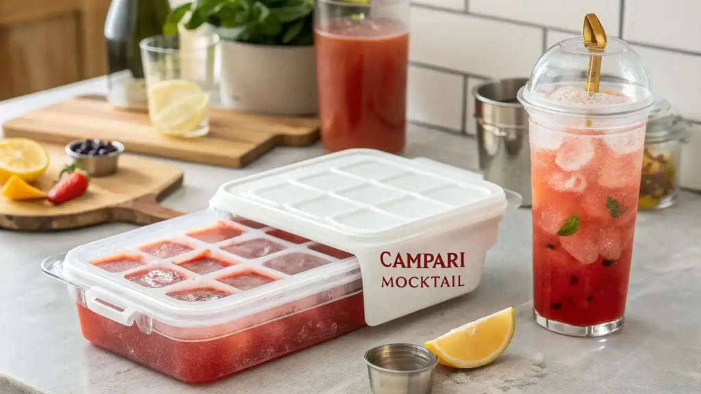 Proper storage methods for a Campari mocktail, including airtight containers and ice cube trays.