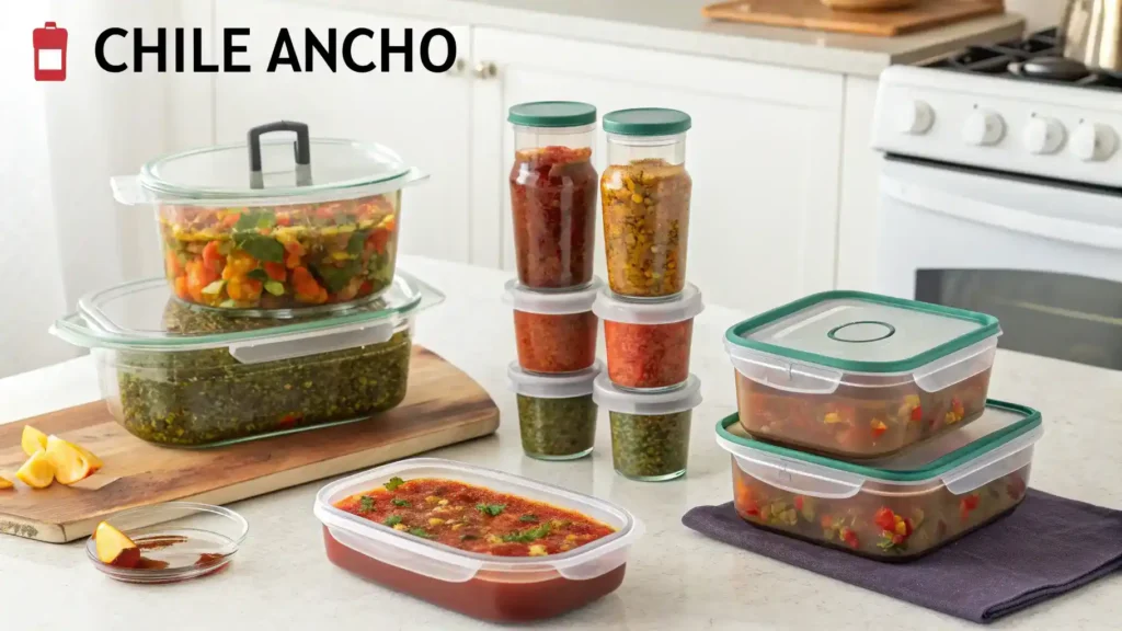Storage and reheating tips for dishes made with Chile Ancho, including containers and methods.