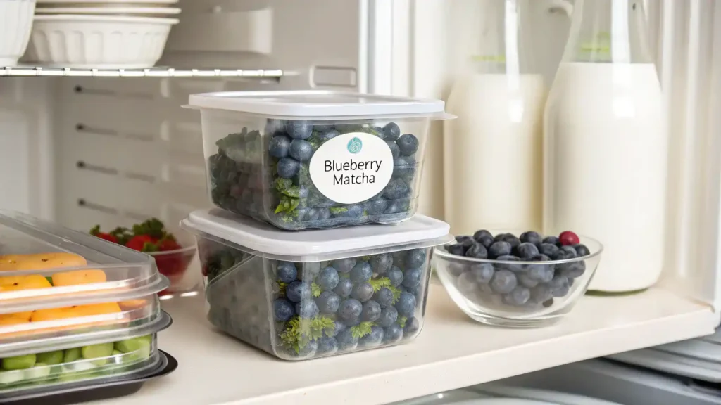 Storing Blueberry Matcha leftovers in airtight containers.