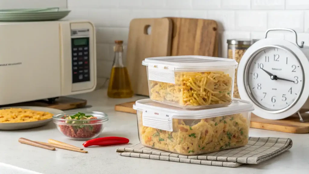 Storage and reheating instructions for Boursin pasta leftovers.