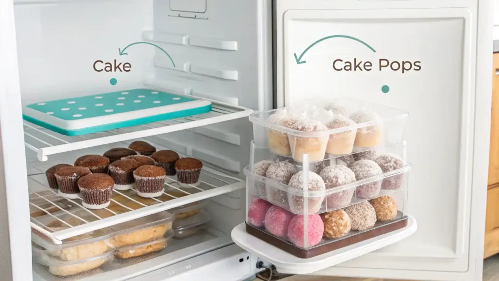 Storage tips for cake and pops, including refrigeration and freezing methods.