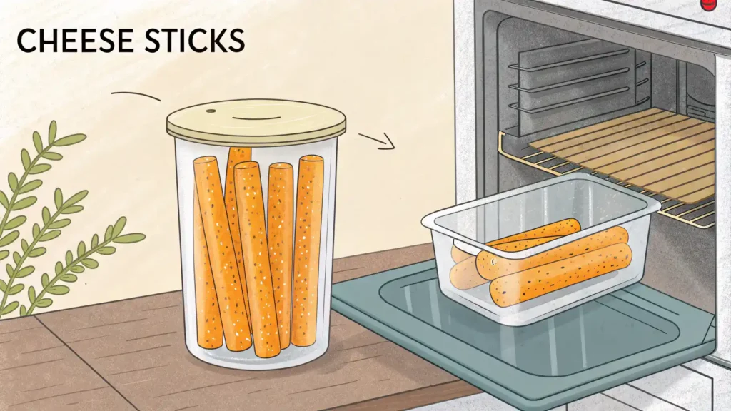 Storage and reheating instructions for leftover cheese sticks.