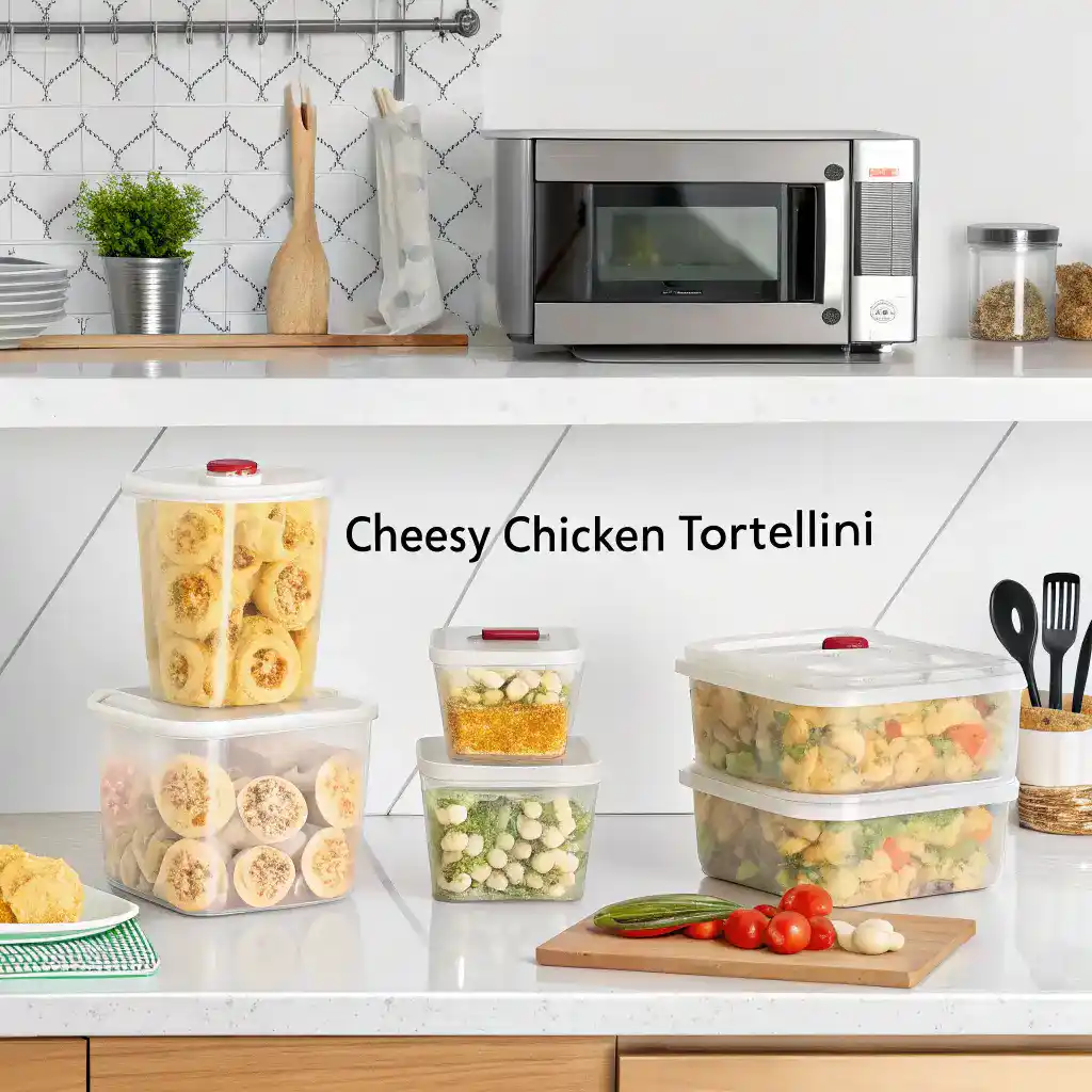 Storing and reheating Cheesy Chicken Tortellini in a kitchen.