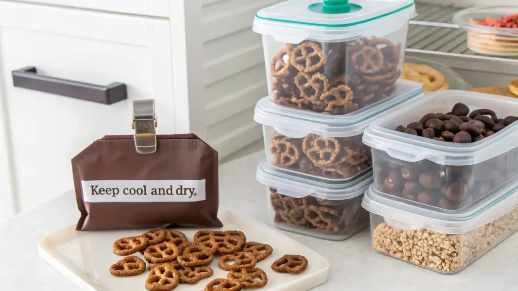 Storage tips for chocolate covered pretzels displayed with containers.