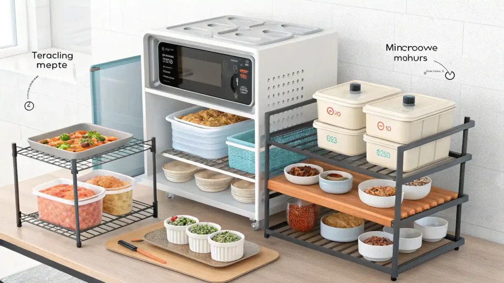 Storing and reheating choru, with containers and instructions.