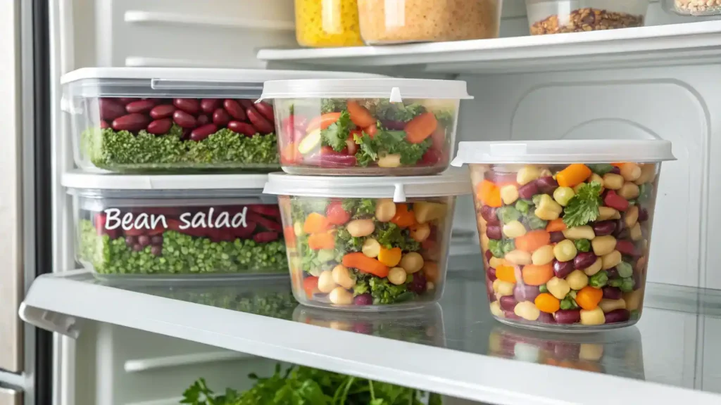 Storing dense bean salad in airtight containers in the refrigerator.