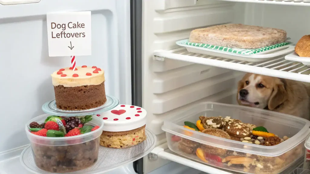Storage and reheating instructions for dog birthday cake leftovers.