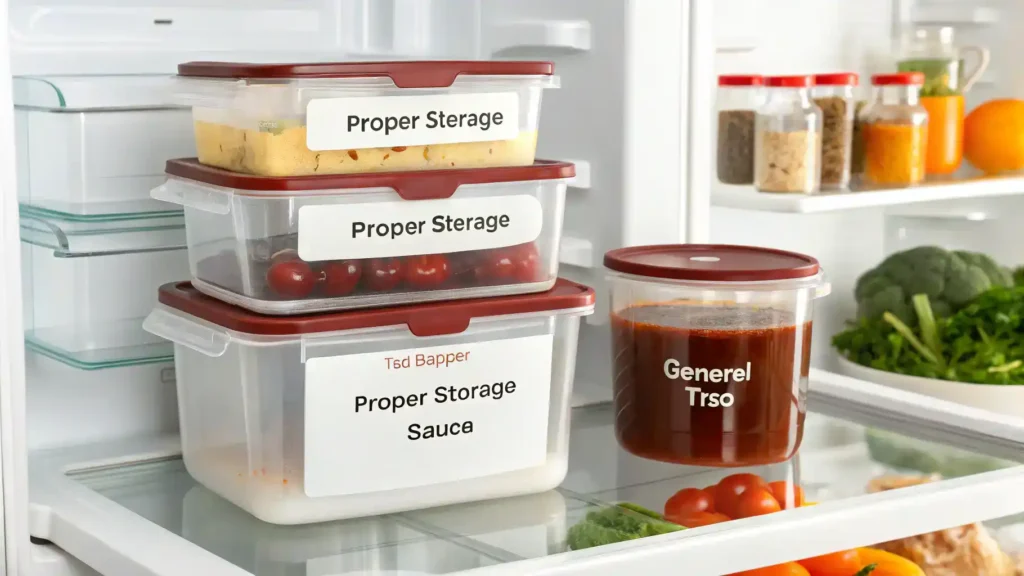 Storage methods for General Tso sauce displayed with containers.