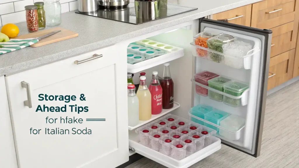 Storage tips for Italian soda with containers in a fridge.
