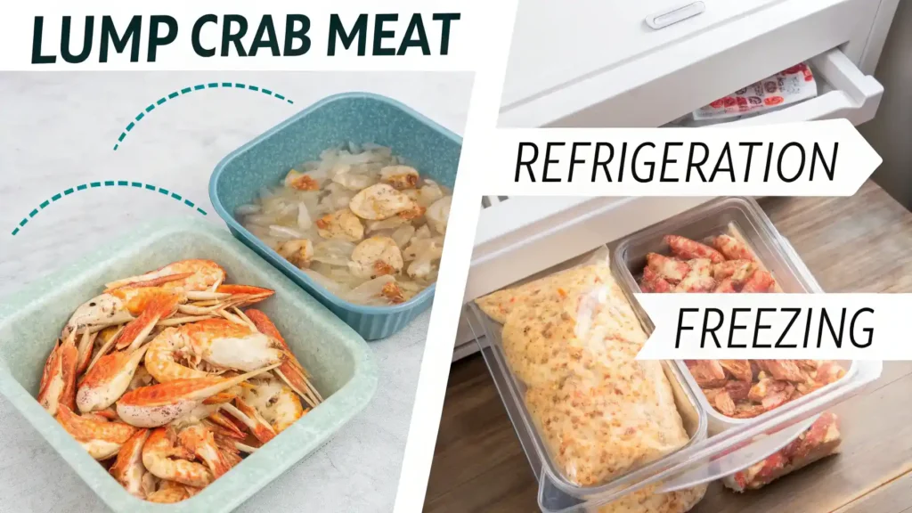 Proper storage methods for lump crab meat illustrated with visual aids.