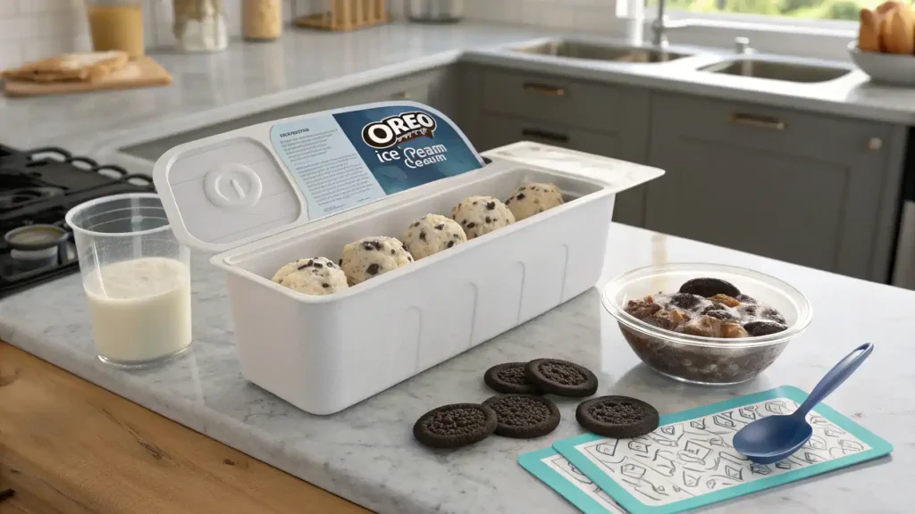 Storage methods for Oreo ice cream displayed in a kitchen.