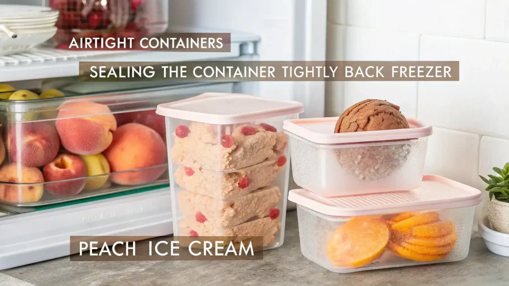 Proper storage methods for peach ice cream in airtight containers.