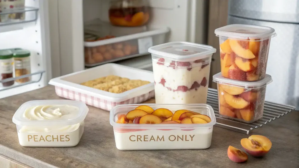 Storage tips for peaches and cream dessert, featuring airtight containers and freezer-safe options.