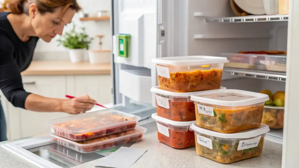 Storing leftovers of pollo guisado in airtight containers.