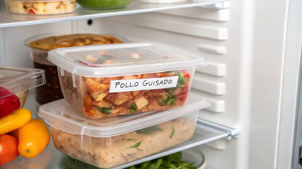 Leftovers of pollo guisado stored in an airtight container.