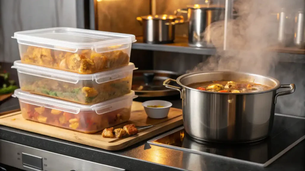 Storing and reheating pollo guisado in airtight containers and on the stovetop.