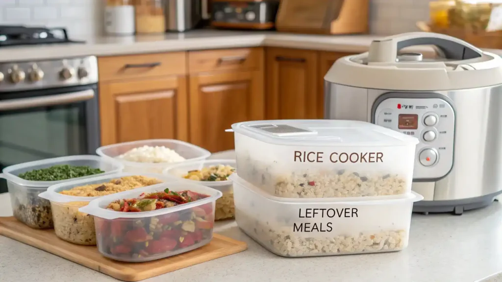 Storing and reheating rice cooker meals in labeled containers.