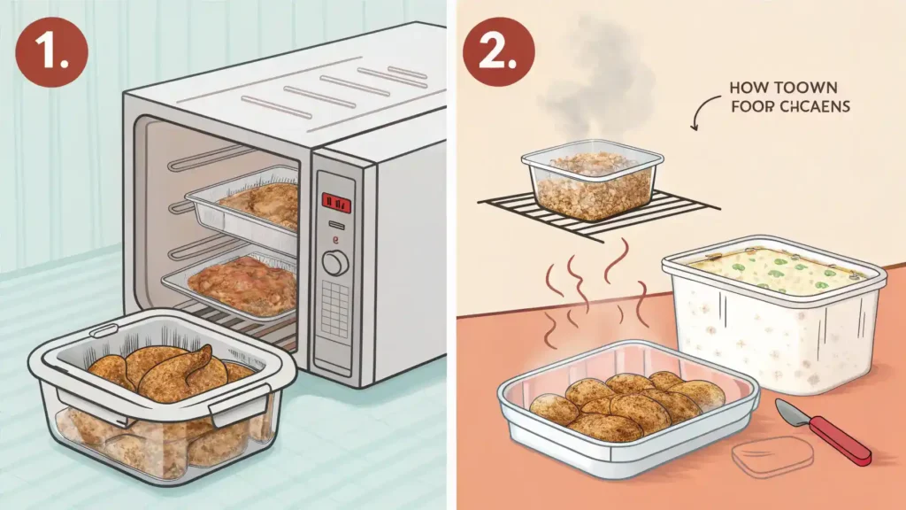 Storing and reheating smothered chicken leftovers.