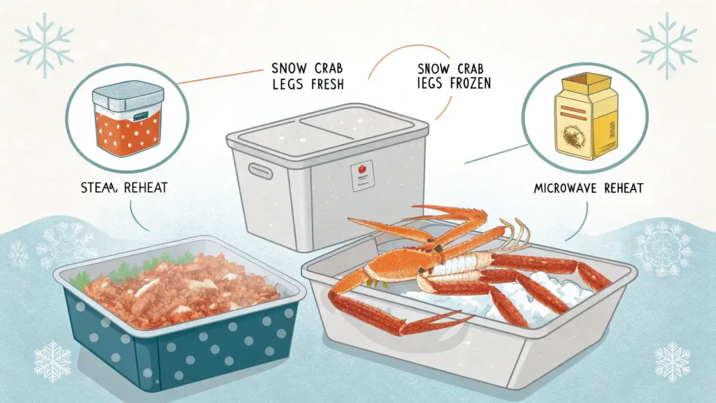 Storing and reheating snow crab legs.