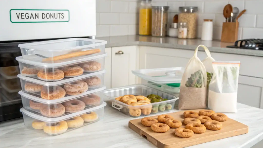 Storage methods for vegan donuts displayed in a kitchen.