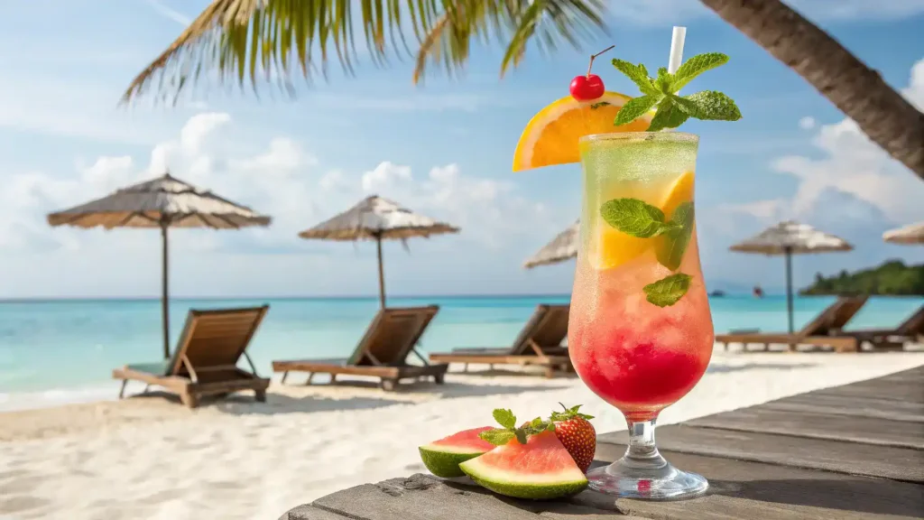 A finished Malibu Bay Breeze mocktail served in a tall glass with tropical garnishes.