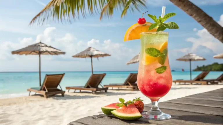 A finished Malibu Bay Breeze mocktail served in a tall glass with tropical garnishes.