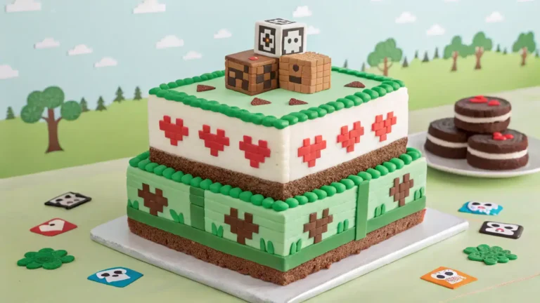 A beautifully decorated Minecraft cake with colorful frosting and themed decorations.