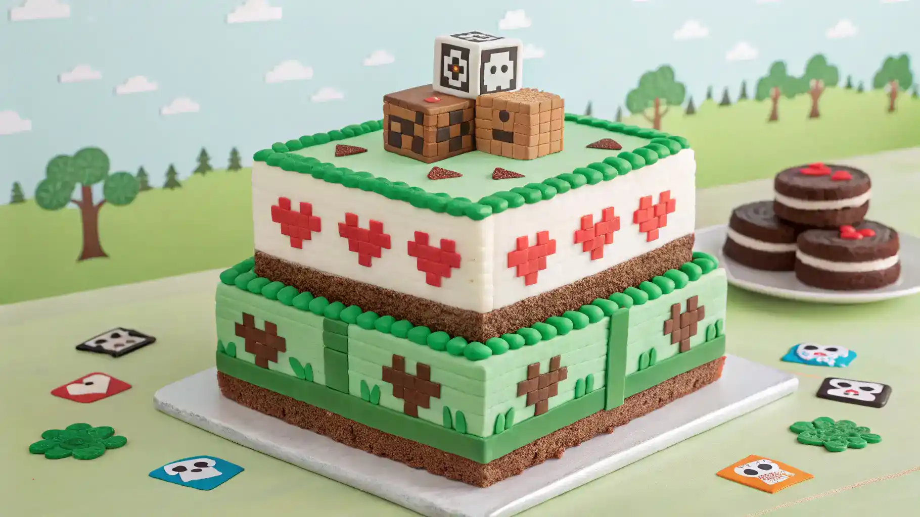 A beautifully decorated Minecraft cake with colorful frosting and themed decorations.