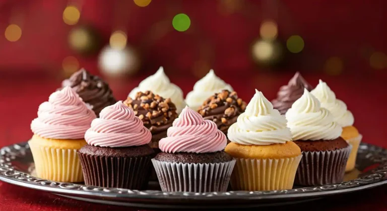 A colorful platter of mini cupcakes with various decorations.