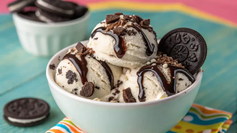 A bowl of Oreo ice cream topped with crushed Oreos and chocolate syrup.