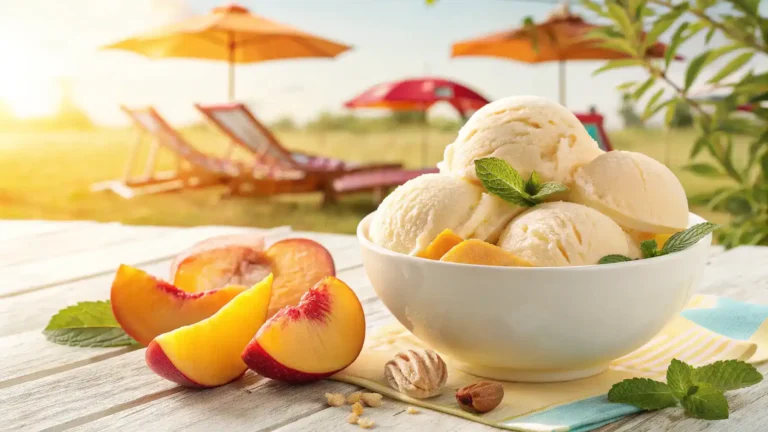 A bowl of peach ice cream garnished with fresh peach slices and mint leaves.