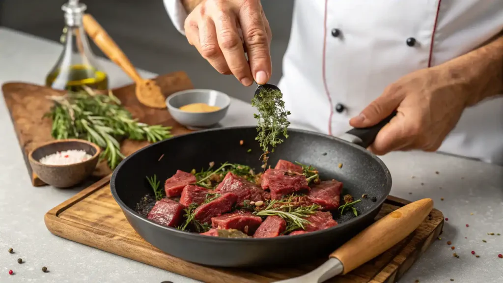 A chef's hands seasoning and searing beef tips in a skillet.