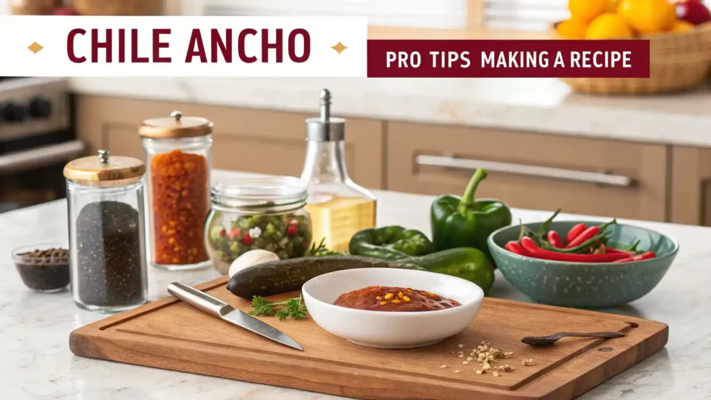 Pro tips for making a recipe with Chile Ancho, including soaking and roasting techniques.