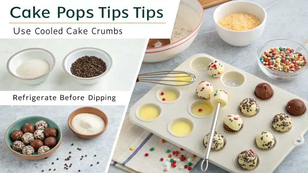 Pro tips for making cake and pops, including ingredient temperature and decoration ideas.