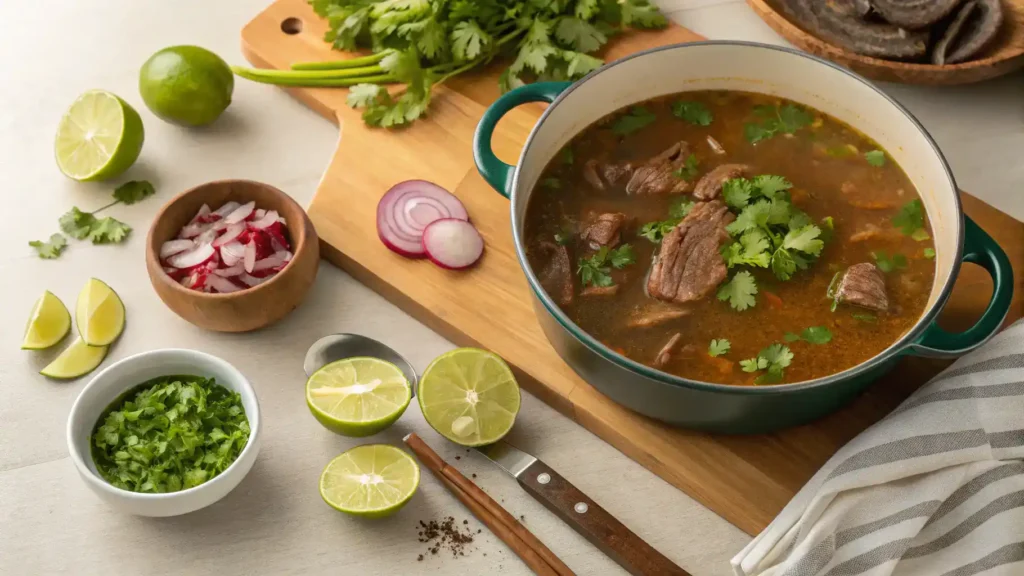Pro tips for making carne en su jugo displayed in a kitchen.