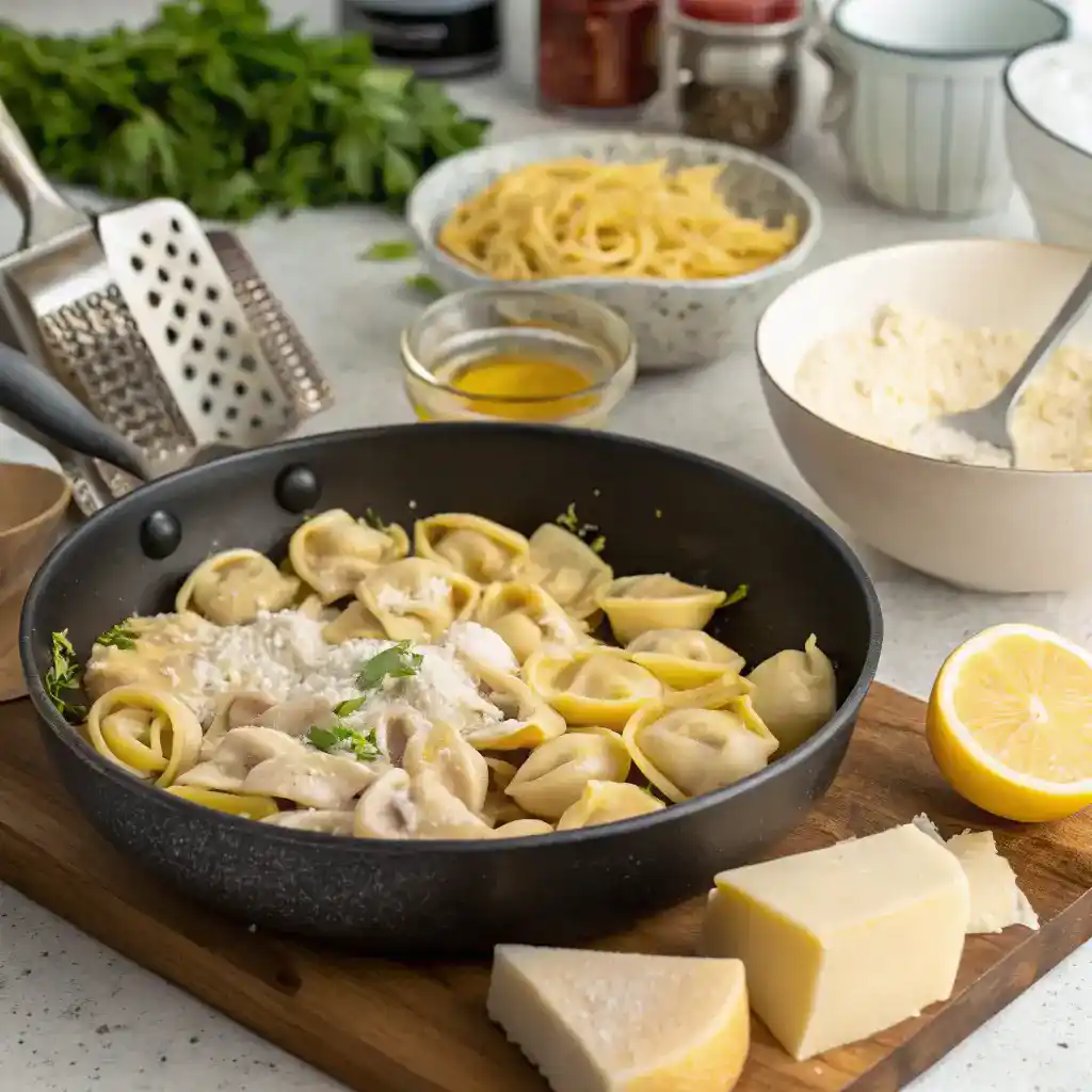 Pro tips for making Cheesy Chicken Tortellini displayed in a kitchen.