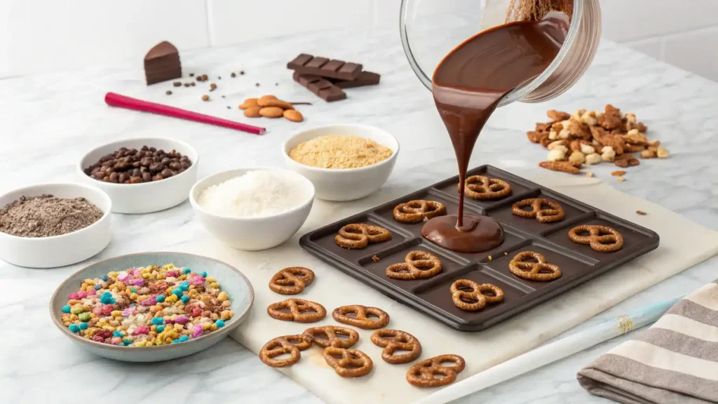 Pro tips for making chocolate covered pretzels displayed with ingredients.