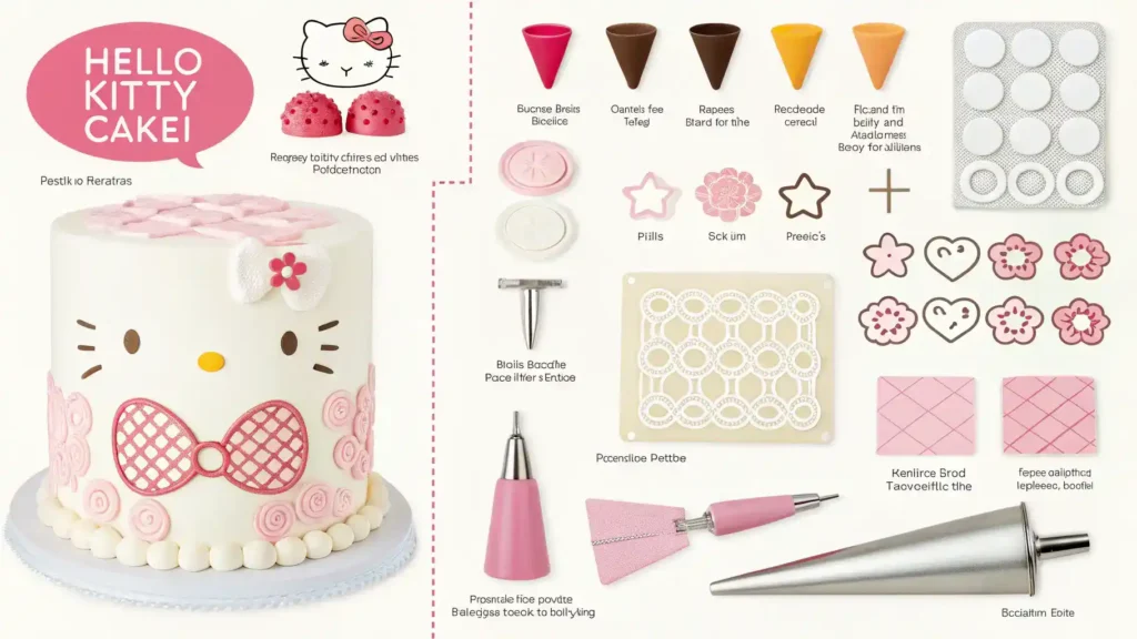 Pro tips for making a Hello Kitty cake with visuals of techniques.