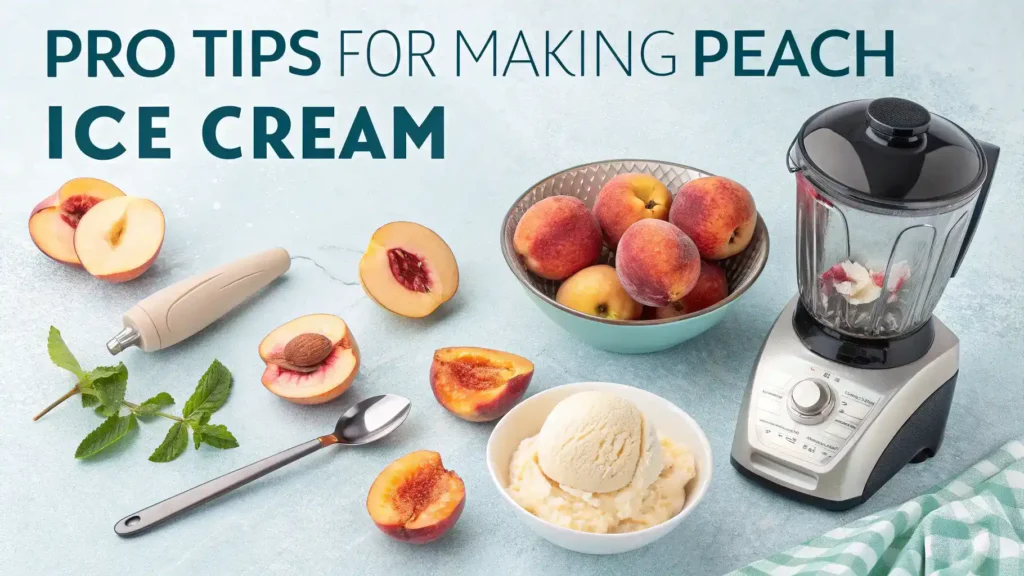 Pro tips for making peach ice cream with visuals of peaches and ice cream tools.