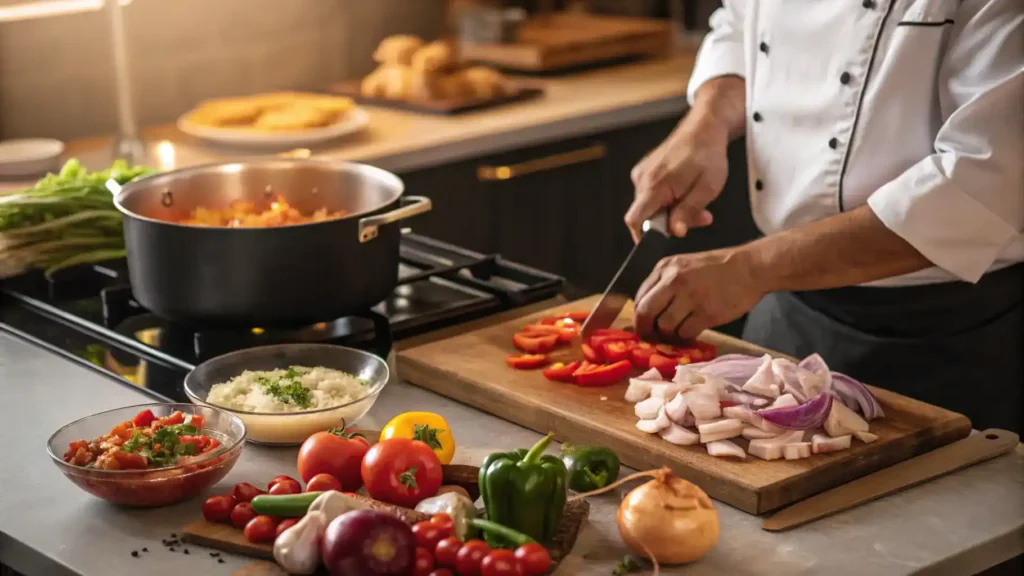 A chef cooking pollo guisado with fresh ingredients in a kitchen.