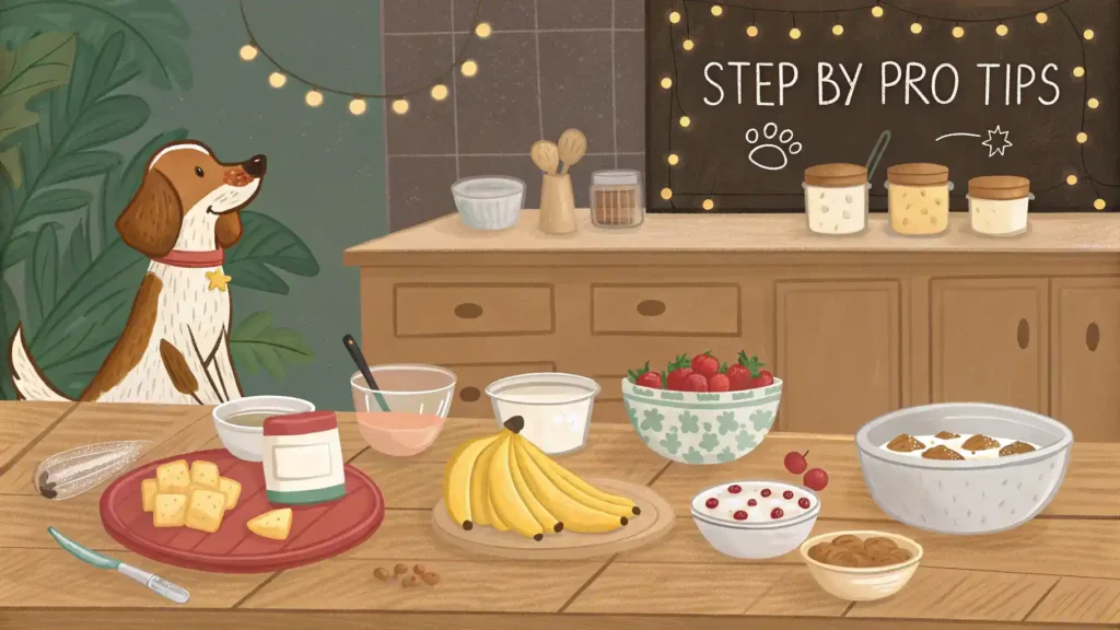 Pro tips for making a dog birthday cake displayed in a kitchen.