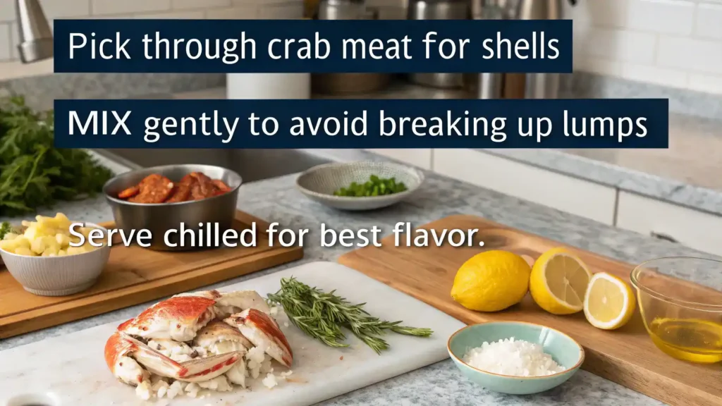 Pro tips for making a lump crab meat recipe displayed in a kitchen setting.