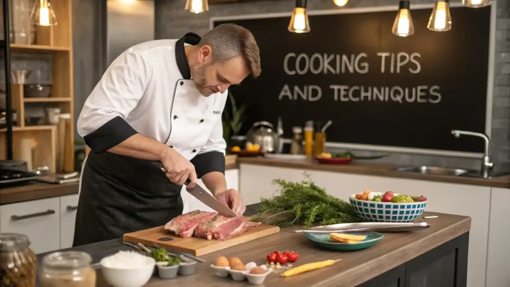 Chef preparing veal chops with cooking tips in the background.