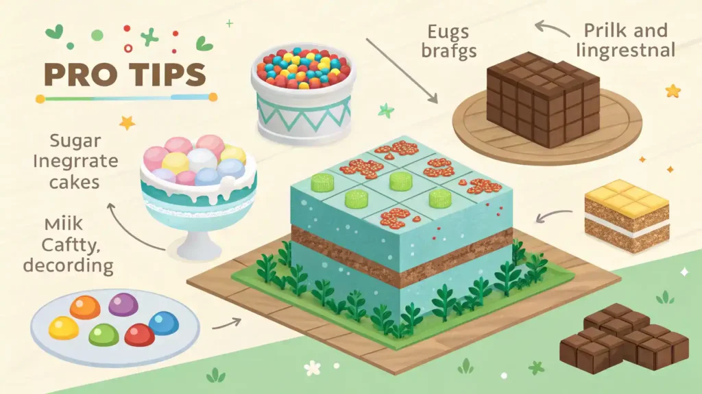 Visual representation of pro tips for making a Minecraft cake, including cake mix quality and decoration ideas.