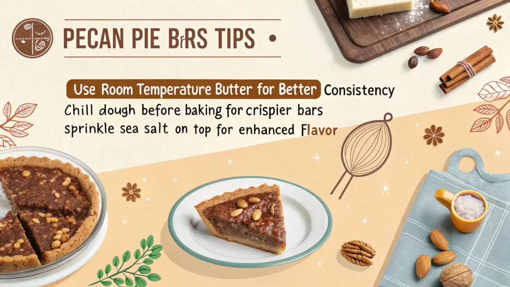 Pro tips for making perfect pecan pie bars, including using fresh ingredients and cooling before cutting.