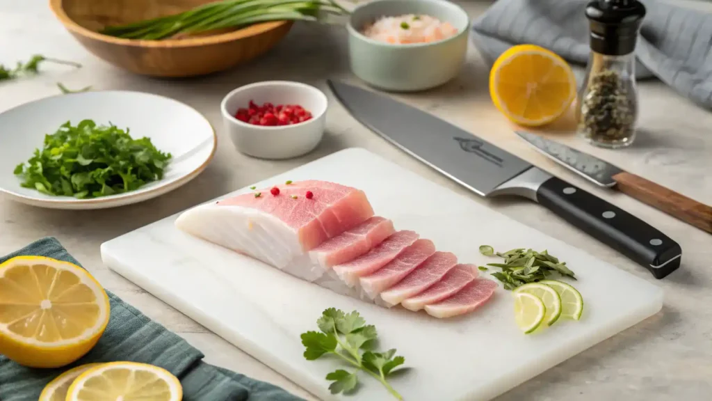 Pro tips for making hamachi crudo displayed in a kitchen setting.