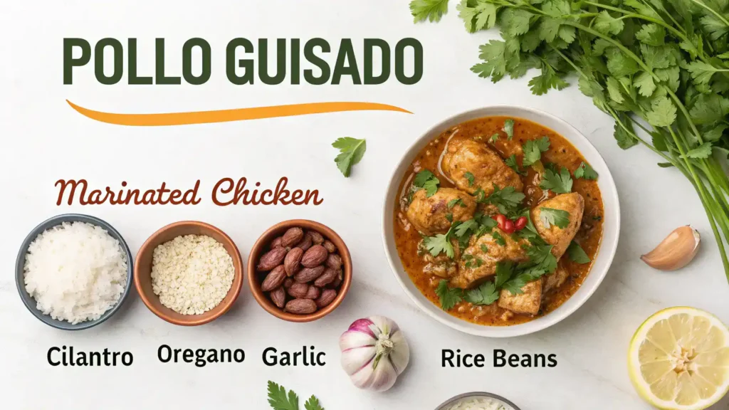Pro tips for making pollo guisado including fresh herbs and marinated chicken.