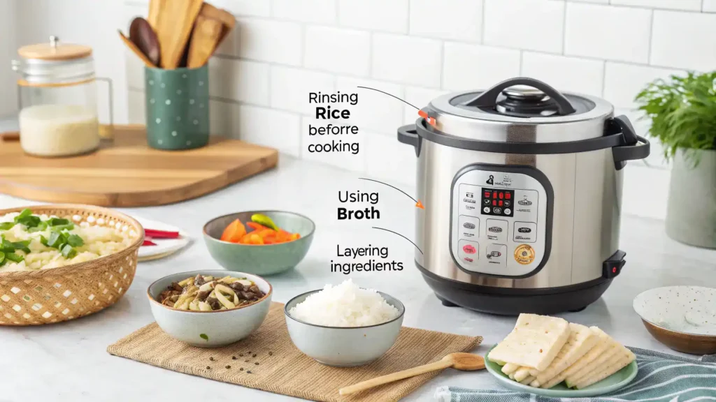 Pro tips for making rice cooker meals displayed next to a rice cooker.