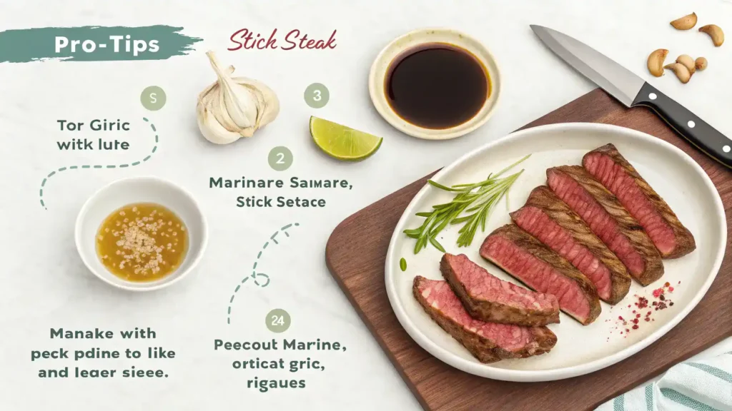 Pro tips for making skirt steak steaks, including marinating and slicing techniques.